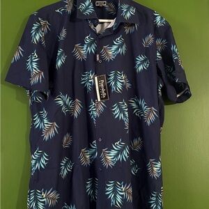 Navy Tropical Leaf Short-Sleeve Button-Down Shirt